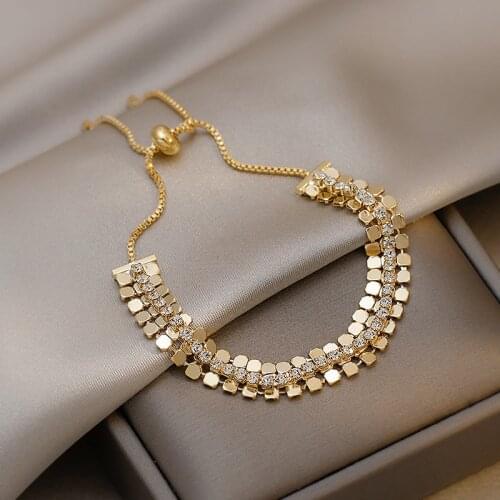 LOVOACC INS Fashion Gold Color Sequins Bracelet for Women Box Chain Bling Rhinestones Wide Chunky Elastic Bracelets Accessories