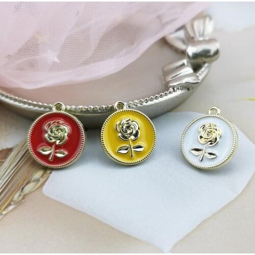 MuhNa 10pcs Enamel Round Rose Design Metal Charms DIY Chic Alloy Flowers Pendant Earring Bracelet Jewelry Accessories 18*21mm