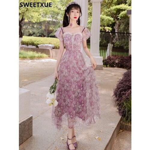 SWEETXUE Purple Floral Long Dress Summer French Vintage Maxi Dress Sundress Ladies Chiffon Sexy Party Dress Womens