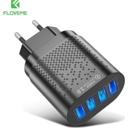 FLOVEME EU/US Hole USB Quick Charge QC3.0 LED USB Charger 4 Ports Fast Charging Adapter Travel Wall Mobile Phone Charger Plug