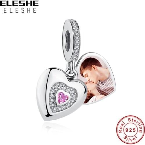 100% 925 Sterling Silver Photo Custom Charm Heart Crystal Love Forever Pendant Fits Brand Bracelet For Women Fine Jewelry Gift