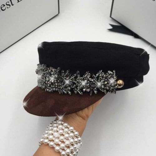 Visors for women In the spring and autumn winter new faux suede color matching pearl diamond tide navy cap