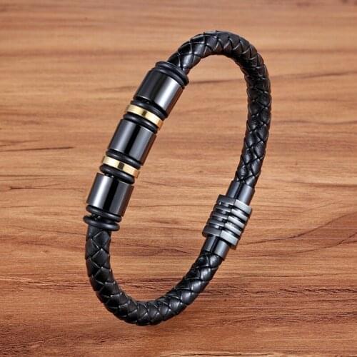 TJP Genuine Leather Cool Black Gold Creative Design Stainless Steel Magnetic Buckle Charm Men Leather Bracelet