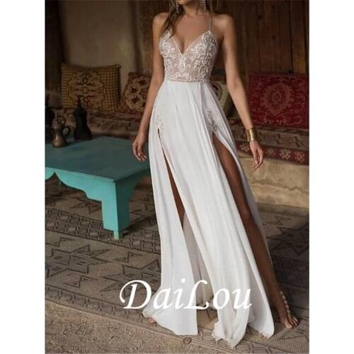 A-Line Wedding Dresses V Neck Floor Length Chiffon Spaghetti Strap Illusion Detail Backless with Appliques Split Front 2021