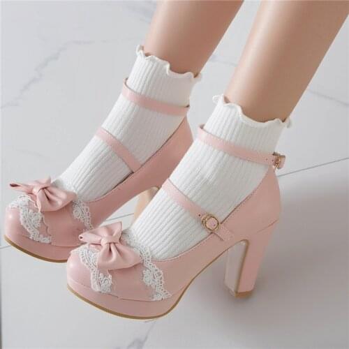 AGODOR Lolita Shoes Big Size Womens High Heels Platform Bow Pumps with Buckle Ankle Strap Spring Cute Rockabilly Shoes Woman Pin