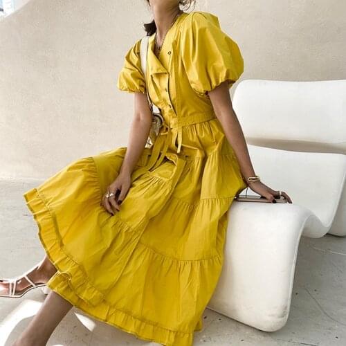 Vintage Midi Dresses For Women O Neck Puff Short Sleeve High Waist Sashes Slim Yellow Elegant Dress Female New