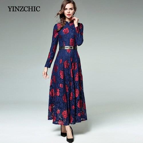 Vintage Woman Autumn Lace Dress Floral Hollow-Out Lace Dresses Women Slim OL A-Line Party Winter Dress Womans Long Dress