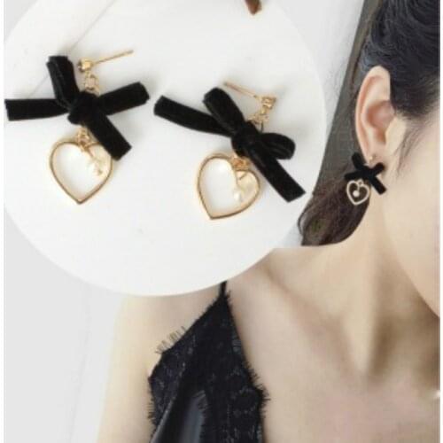 Japan And South Korea Sweet Style Bowknot Heart-shaped Earrings, Flannel Bow Bow Earrings Jewelry Imitation Pearl Earrings Jewel