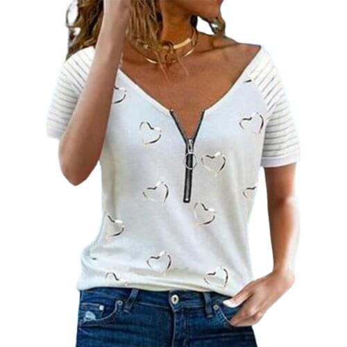Women Tshirt V-neck Zipper Stripe Loose Casual T Shirts Spring Summer Plus Size Sexy Tops Tee Shirt