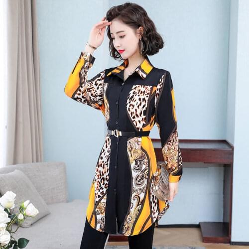 2020 New Fashion Office Work Wear Women Spring Leopard Print Chiffon Blouses Shirts Casual with Sashes Long Sleeve Tops H231