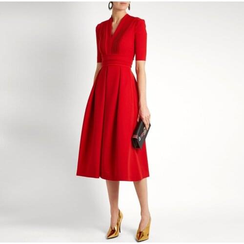 Vintage Draped Red Party Dresses for Women 2021 Fashion Elegant V-neck Short Sleeve Midi Summer Dress A-line Vestidos De Fiesta