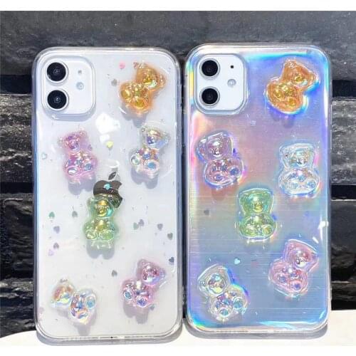3D Cute laser Bear Phone Case For iphone X XR XS 11 Pro MAX 7 8 Plus 12 Mini 11 Pro MAX SE 2020 Cartoon Soft Cover