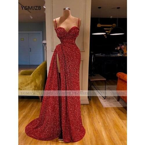 Sparkly Sequin Prom Dress 2020 Burgundy Spaghetti Strap Hide Slit Evening Dress Women Formal Party Dress Women Evening Gowns