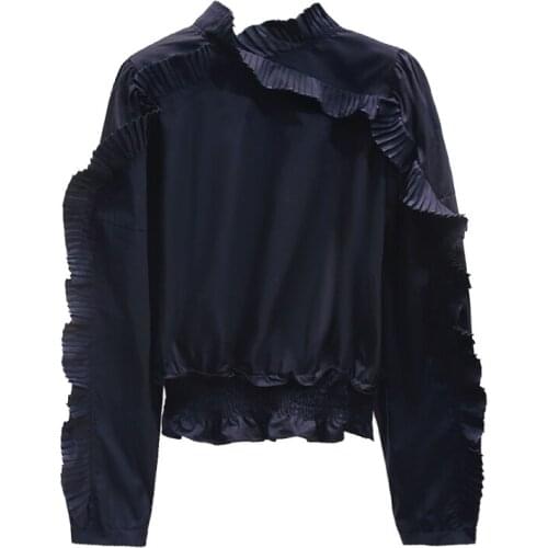 Fold Ruffled Blouse for Woman Solid Color Stand Collar Long Sleeve Shirts Womens Crop Top Blusas Mujer Khaki White Black