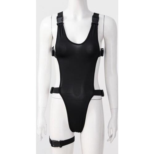 TiaoBug Black Women Elastic Straps Buckle Leotard Nightwear One-Piece Swimsuit Pool Party Swimwear Bodysuit With Leg Ring