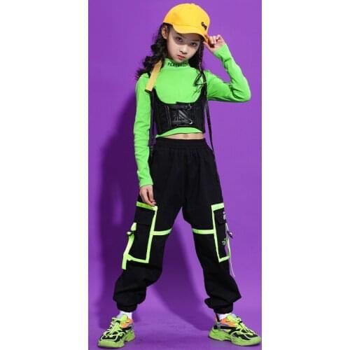 Children Jazz Modern Dance Costumes For Girls Green Tops Hiphop Pants Suit Ballroom Hip Hop Clothing Street Dance Wear DQS6642