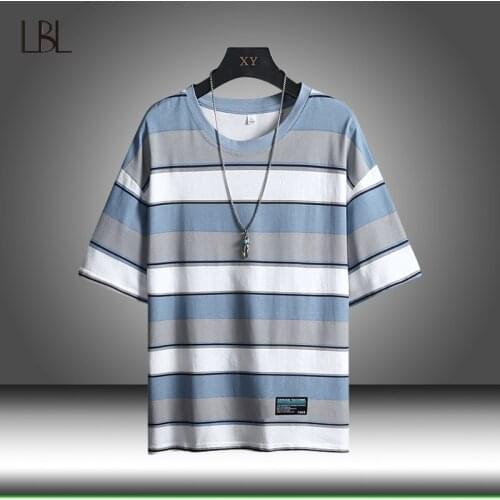 Man Striped Fashion Short Sleeve T-Shirt Mens Casual Trendy Summer Streetwear Hip Hop Loose Tops Sportswear Male 2021 New Tee