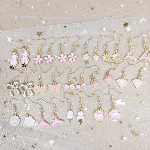 1 Pair Creative Cute Mini Pink Flower Bowknot Bear Paw Earrings Minimalism Cartoon Design Female Ear Hooks Danglers Jewelry Gift