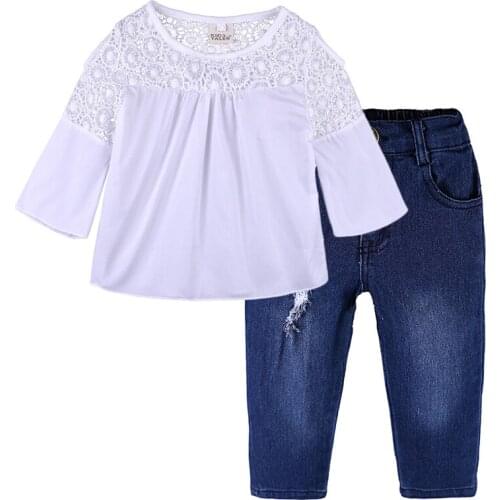 Summer 1-5 Year Baby Girl Clothes Set Splicing Hollow Out Top + Ripped Jeans Kids Ins Stree Fashion Clothing Chidren Casual wear