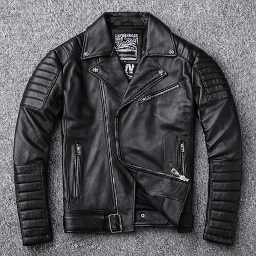 Classical Perfecto Genuine Leather Jacket Motorcycle Jackets Mens 100% Natural Calf Skin Black Leather Coat Slim Motor Clothe