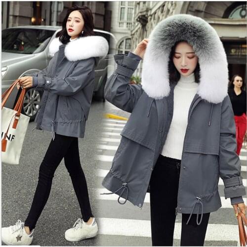 New Winter Grey Green Color Coat Womens Jacket Casual Long Parka Fur Hooded Winter Jacket Women Down Cotton Padded Jacket Coats