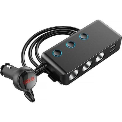 NEW 12-24V 120W 3-Socket Cigarette Lighter Socket Splitter QC3.0 + 3-Port USB Car Charger With On-Off Switch LED Display