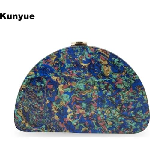 New Trendy Half Moon Wallet Blue Sequins Acrylic Evening Bag Shell Pattern Chic Semi Circle Clutch Purse Lady Party Prom Handbag