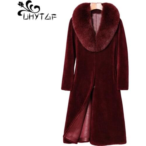 UHYTGF Quality Fox Collar Winter Fur Jacket Women Luxury Sheep Shearing Casual Coat Female Elegant Wool Plus Size Outerwear 1206