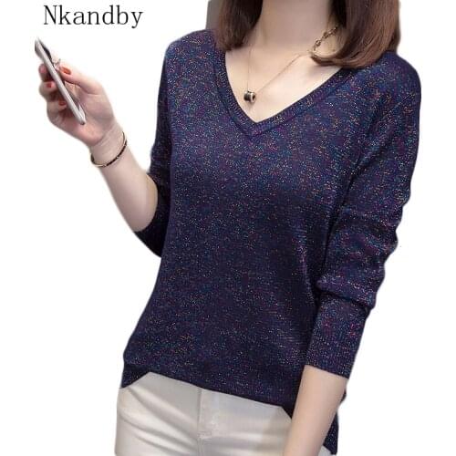 Plus Size lurex shine Knit Pullovers Sweaters Women 2020 Autumn Winter Fashion V-neck Jumpers Oversized Multicolor Knitwear Tops