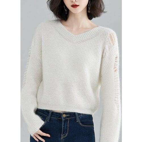 Hot Selling Autumn Ladies Casual Sexy Breathable V-neck Hollow Knitted Female Cashmere Soft Sweater