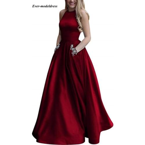 2019 Open Back Prom Dresses with Pockets Jewel Crystals A Line Floor Length Satin Royal Blue Evening Party Gowns Robe De Soiree