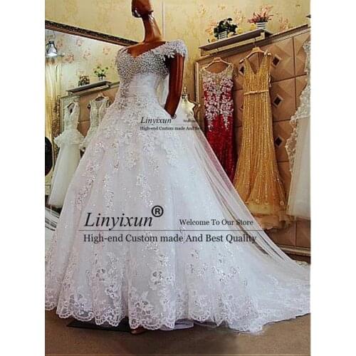 Amazing Tulle Off Shoulder V-Neck Wedding Dresses 2021 Court Train Ball Gown Custom Make Vestidos De Novia With Lace Appliques