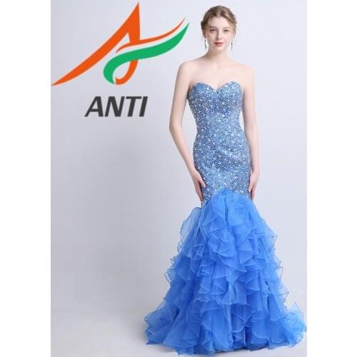 ANTI Elegant Off-shoulder Evening GownS Royal Blue Crystal Ball Gown Ruffles Beaded Sleeveless Sweetheart Mermaid Prom Dress