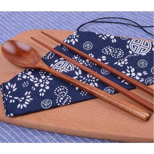 300sets Japanese Wooden Chopsticks and Spoon with Cloth Bag Portable Tableware Set Wedding Favors Party Return Gift