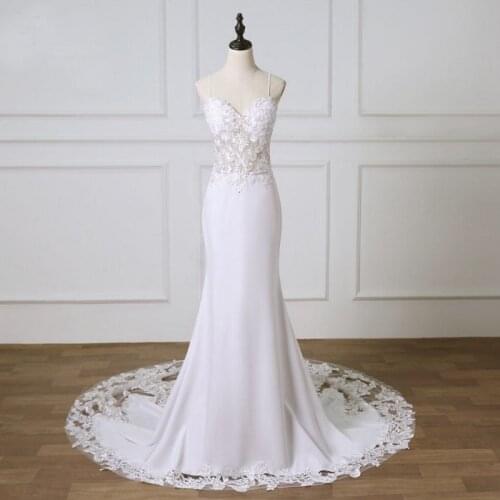 #9297 Elegant Spaghetti straps Sheath Sweetheart Plain Satin Lace Sleeveless Bridal Dress Backless Women Wedding Gown