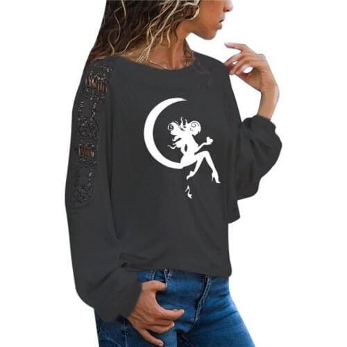 Goddess on The Moon Beautifu Women T Shirt Long Sleeve O-Neck T-shirt Woman Clothing Tops Girl Casual Loose Lace Top Tees