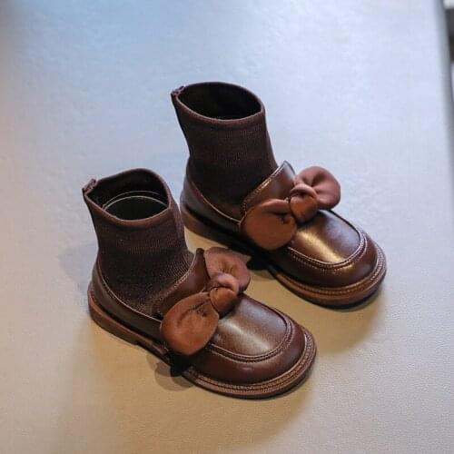 ChildrenS Ankle Beige Autumn Leather Boots Sneakers For Girls Fashion Socks Bow School Shoe 2021 Chelsea Boots Black 8 12 Year