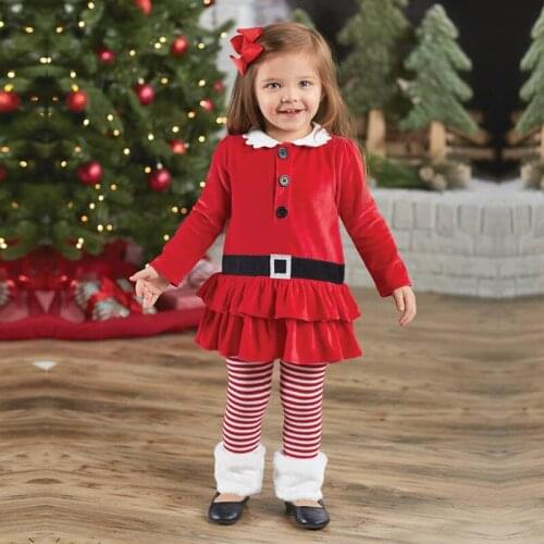 Kids Child Christmas Cos Costume Baby Infant X-Mas Outfit Gift 2 piece Set Red Coats Dress Tops + Stripe Long Pants For Girls