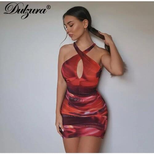 Dulzura Tie Dye Print Women Mini Dress Ruched Patchwork Hollow Out Cross Bodycon Backless Sexy Streetwear Party Club 2021 Summer