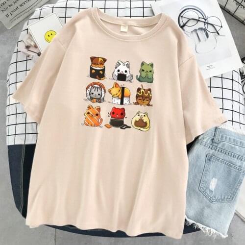 Japan Food Kittens Cartoons Style Print T-Shirt Womens Comfortable O-Neck T Shirt Summer Loose T-Shirts O-Neck Soft Tops Women