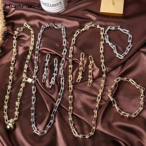 HUANZHI 2021 New Trendy Punk Metallic Geometric U Shaped Chain Buckle Necklaces Choker Bracelets for Women and Men Jewellery