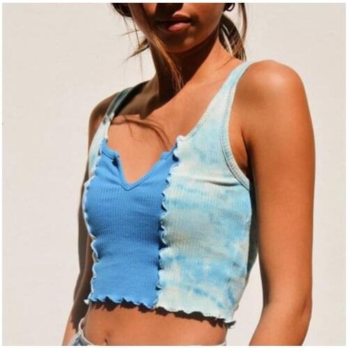 Women Summer Crop Tops Lady Summer Ruched Tanks Tie Dyed V-neck Splicing Ruffle Slim Camis Ladies Tees Skinny Femme Camisole