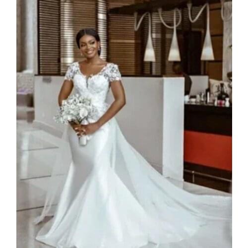 Stuning Sweetheart Cap Sleeves Lace Mermaid Wedding Dress Sweep Train Bridal Dresses Vestidos Custom made