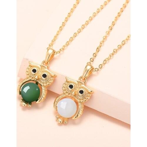 Lyvior Ancient Gold Owl Necklace Retro Palace Style White Chalcedony Pendant Clavicle Chain National Cheongsam Accessories