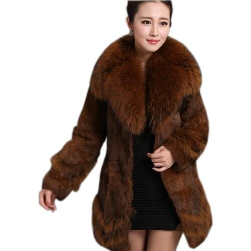 New hot Fashion fur coat raccoon fur collar winter rabbit fur long coat jacket large natural fur lady coat size 3XL 4Xl 5XL