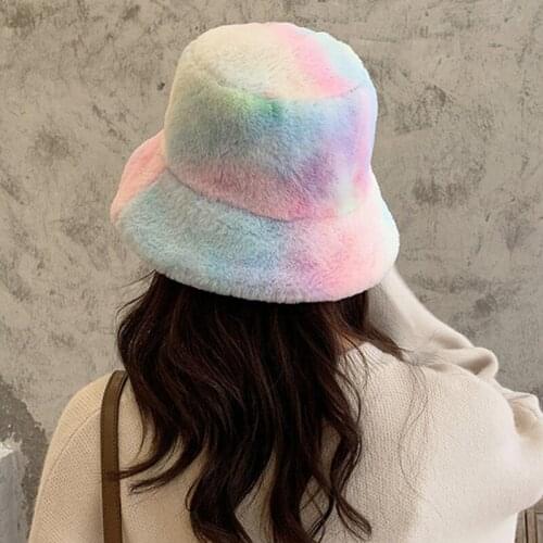 Fashion Cotton Plush Autumn Winter Tie Dye Bucket Hat Hip Hop Flat Fisherman Cap Women Outdoor Faux Fur Panama Warm Basin Cap