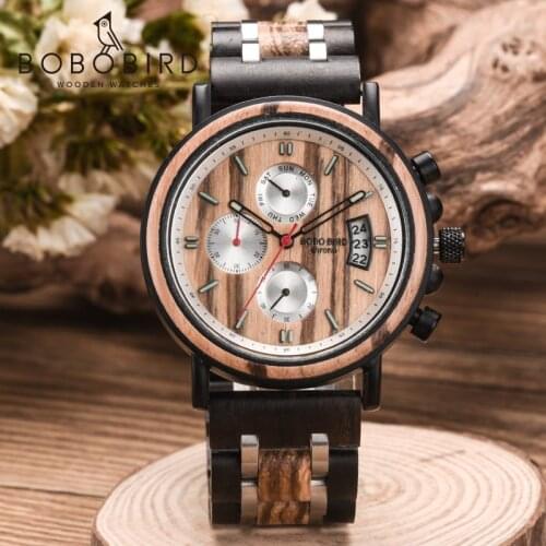BOBOBIRD Man Watch Wrist Watches For Man 2020 Chronograph Stopwatch Auto Date Mens Quartz Wristwatch Wood Timepieces Wooden Box
