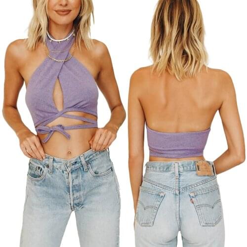 2021 New Women’s Sexy Cross Halter Camisole Summer Fashion Solid Color Lace-Up Exposed Navel Tops