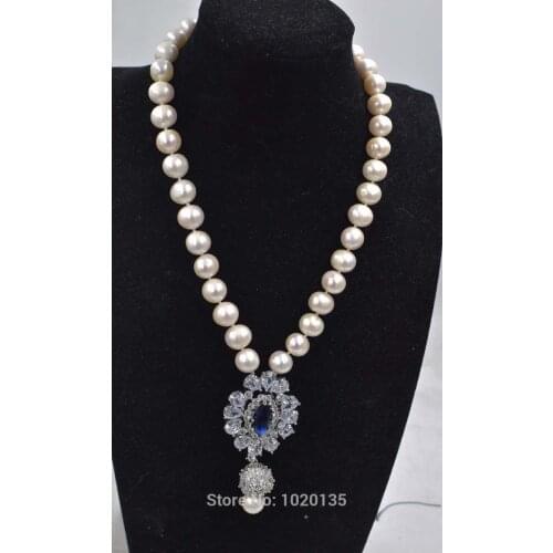 White freshwater pearl near round +blue flower 11-12mm necklace 17inch wholesale bead gift nature