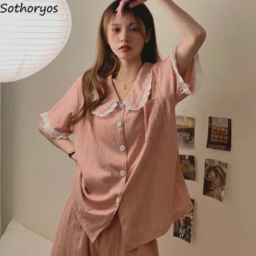 Kawaii Pajama Sets Women Patchwork Lace Button Up Short Sleeve Homewear Simple Cozy Casual Korean Stylish Teens Fashion Summer
